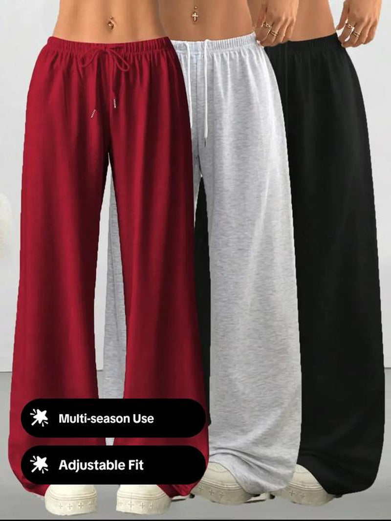 Women's Casual Loose-Fit Drawstring Pants, 3-Pack Plain Long Trousers, Comfortable Fabric Wide Leg Home Wear, Suitable for Spring Summer Fall Outdoor