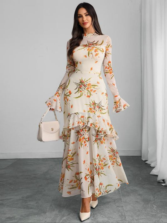 Women'S Floral Print Dress, Elegant Gothic Long Sleeve Dress for Party Holiday Wedding Guest, Ladies Clothes for All Seasons