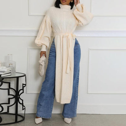 Cinched Waist High Slit Knit Long Sweater Coat