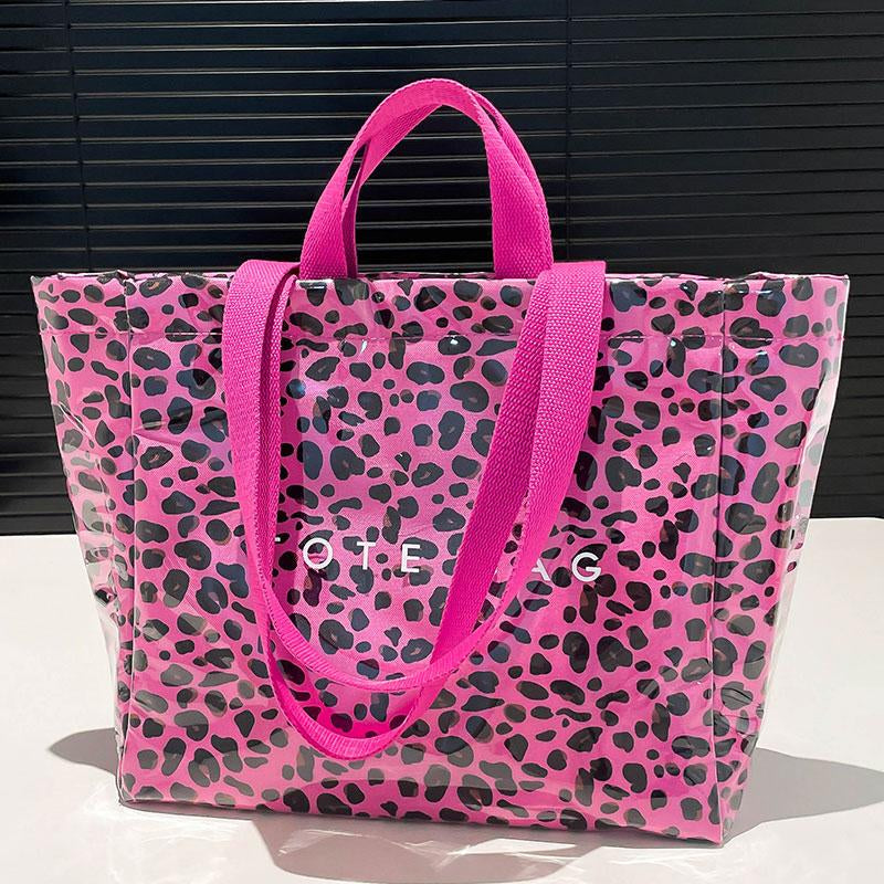 Women's Large Kraft Paper Tote Bag with PVC Letter Print - Clear Top Handle Hobo Handbag