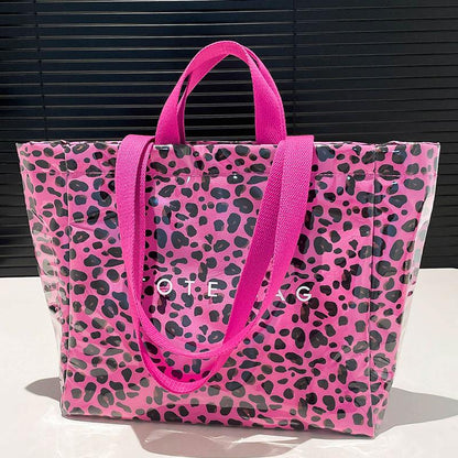 Women's Large Kraft Paper Tote Bag with PVC Letter Print - Clear Top Handle Hobo Handbag