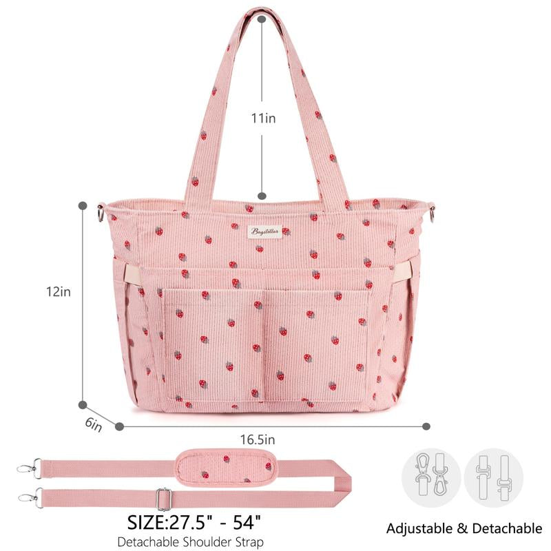 Bagstellar Women's Corduroy Tote Bag - 15.6 Inch Laptop Work Tote with Large Cup Holder, Durable Zipper Casual Purse for School, College, Travel, and Gym