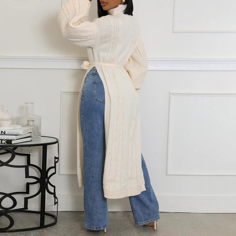Cinched Waist High Slit Knit Long Sweater Coat