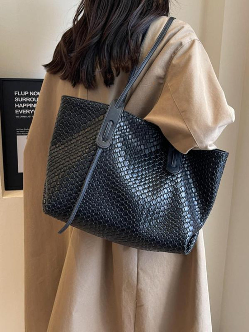 Women's Solid Color Rhombic Lattice Tote Bag - Stylish Large Capacity Shoulder Bag for Everyday Use and Versatile Commuting