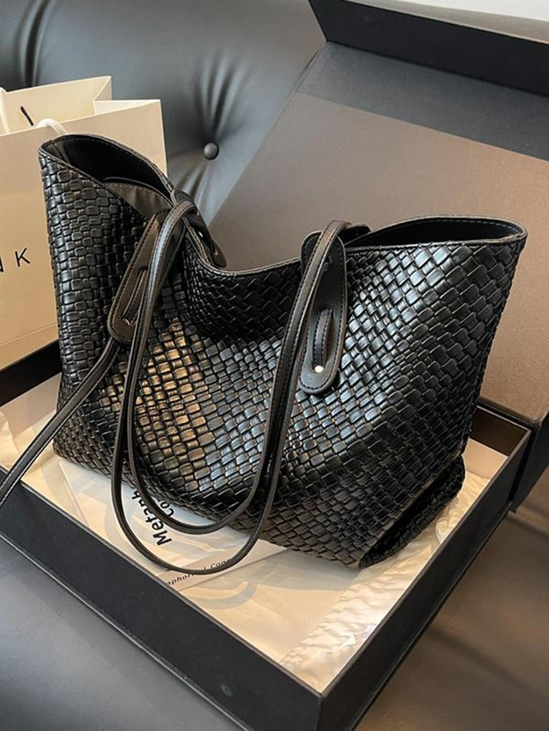 Women's Solid Color Rhombic Lattice Tote Bag - Stylish Large Capacity Shoulder Bag for Everyday Use and Versatile Commuting