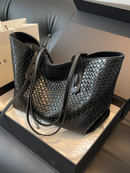 Women's Solid Color Rhombic Lattice Tote Bag - Stylish Large Capacity Shoulder Bag for Everyday Use and Versatile Commuting