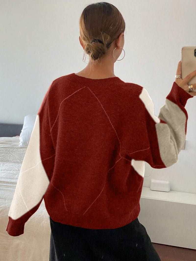 Women'S Plaid V Neck Long Sleeve Pullover Sweater, Autumn/Winter Loose Fit Colorblock Casual Fashion Cozy Cute Sweater Top， Women Fall Sweater, Winter Sweater for Women, Fall Clothes for Women