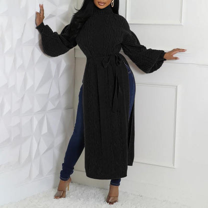 Cinched Waist High Slit Knit Long Sweater Coat