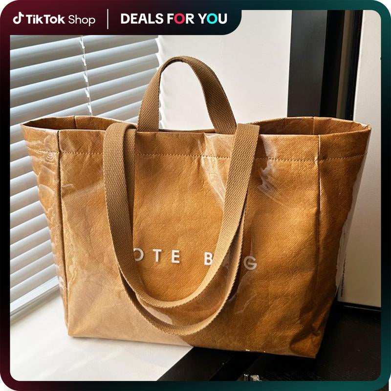 Women's Large Kraft Paper Tote Bag with PVC Letter Print - Clear Top Handle Hobo Handbag