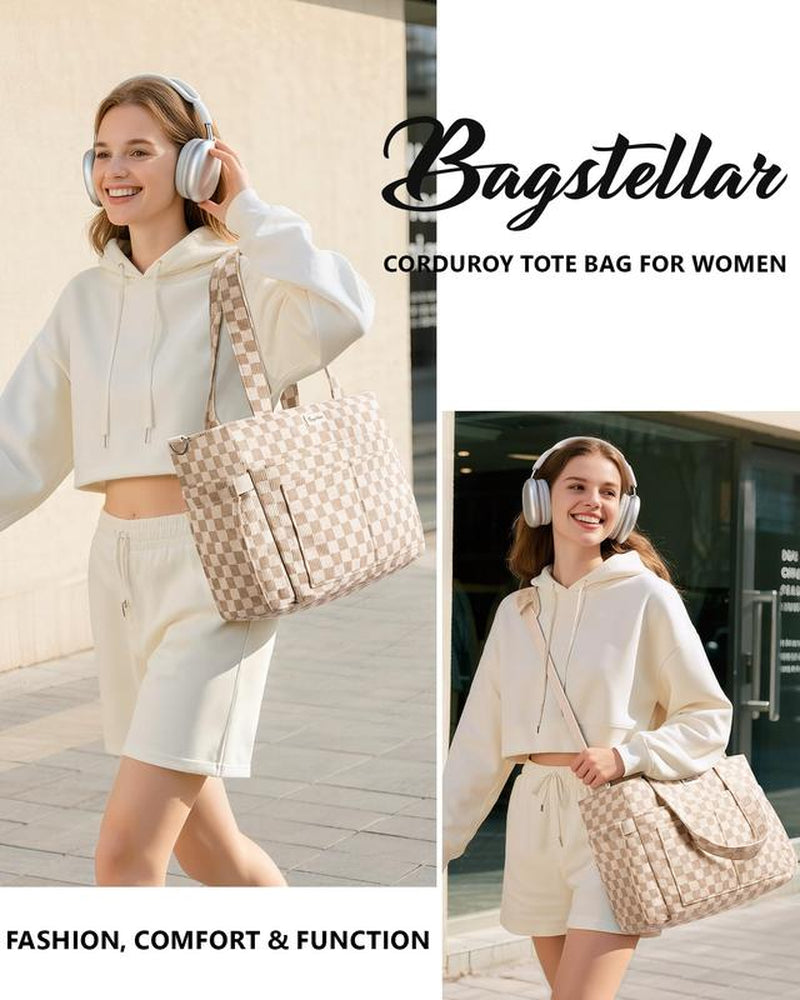 Bagstellar Women's Corduroy Tote Bag - 15.6 Inch Laptop Work Tote with Large Cup Holder, Durable Zipper Casual Purse for School, College, Travel, and Gym