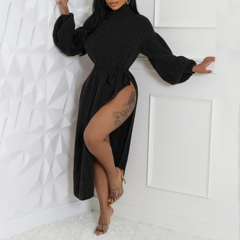 Cinched Waist High Slit Knit Long Sweater Coat