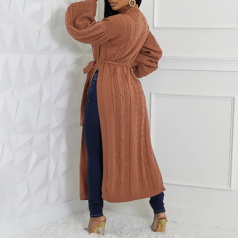 Cinched Waist High Slit Knit Long Sweater Coat