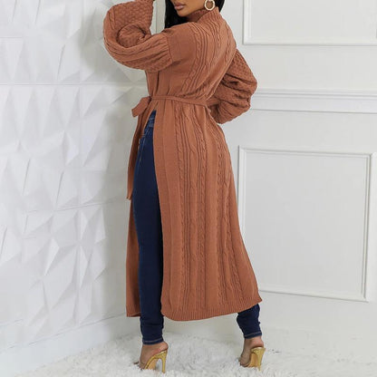 Cinched Waist High Slit Knit Long Sweater Coat