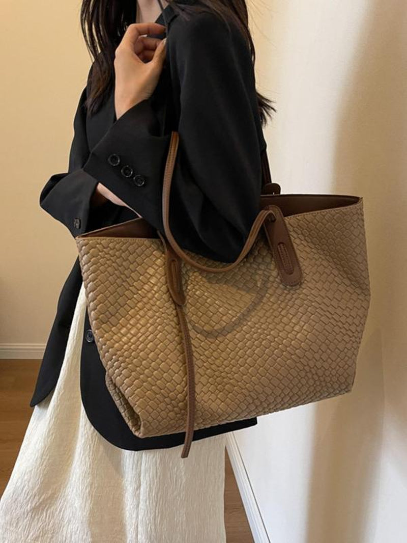 Women's Solid Color Rhombic Lattice Tote Bag - Stylish Large Capacity Shoulder Bag for Everyday Use and Versatile Commuting