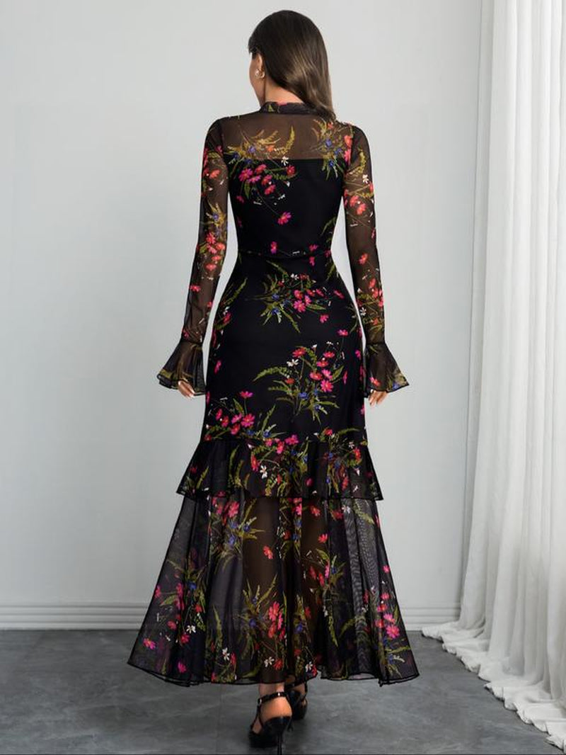 Women'S Floral Print Dress, Elegant Gothic Long Sleeve Dress for Party Holiday Wedding Guest, Ladies Clothes for All Seasons