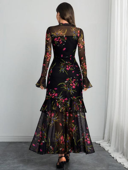 Women'S Floral Print Dress, Elegant Gothic Long Sleeve Dress for Party Holiday Wedding Guest, Ladies Clothes for All Seasons