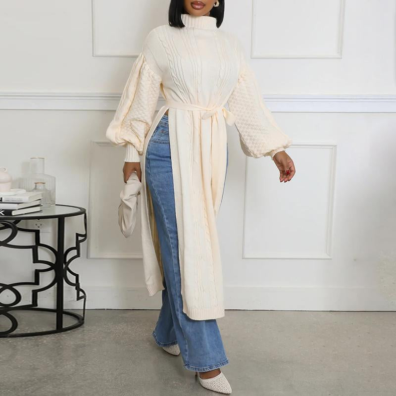 Cinched Waist High Slit Knit Long Sweater Coat