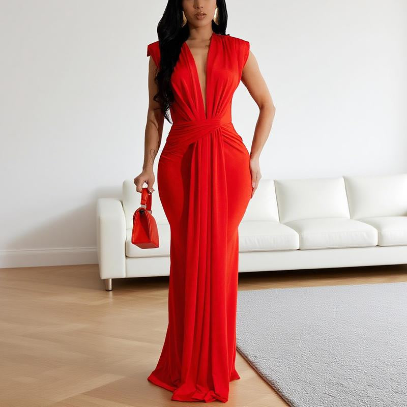 Halfword Elegant Bodycon Dresses Women Deep V Neck Sleeveless Slim Fit Maxi Dress Ruched Mermaid Long Dress Ultra Soft Elastic Fabric Floor Length Wrap Waist Comfortable Breathable Skin Summer Wear Elastic Evening Formal Womenswear Red Style Black