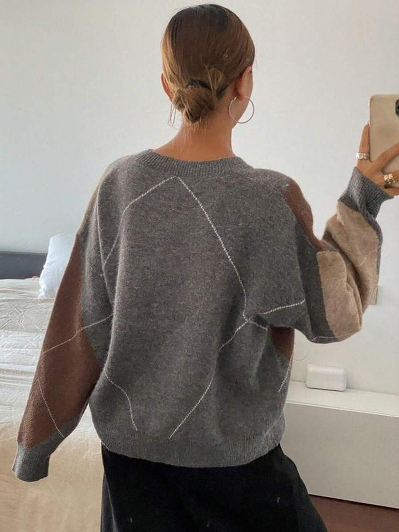 Women'S Plaid V Neck Long Sleeve Pullover Sweater, Autumn/Winter Loose Fit Colorblock Casual Fashion Cozy Cute Sweater Top， Women Fall Sweater, Winter Sweater for Women, Fall Clothes for Women