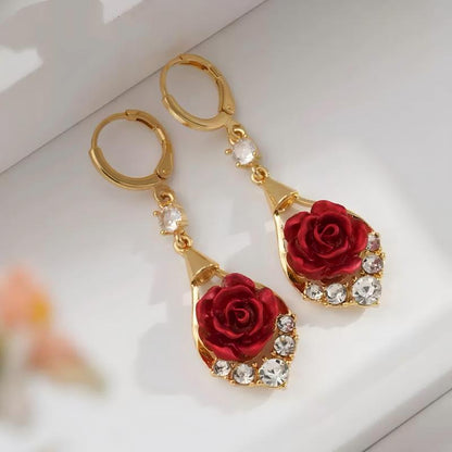 Rose Drop Earrings 14K Gold Plated Sparkling Crystal Tassel Design