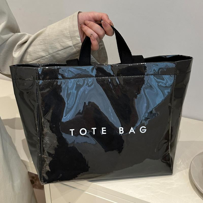 Women's Large Kraft Paper Tote Bag with PVC Letter Print - Clear Top Handle Hobo Handbag