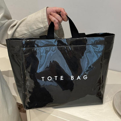 Women's Large Kraft Paper Tote Bag with PVC Letter Print - Clear Top Handle Hobo Handbag