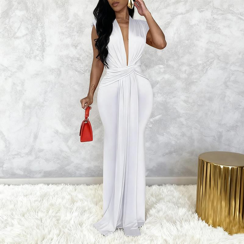 Halfword Elegant Bodycon Dresses Women Deep V Neck Sleeveless Slim Fit Maxi Dress Ruched Mermaid Long Dress Ultra Soft Elastic Fabric Floor Length Wrap Waist Comfortable Breathable Skin Summer Wear Elastic Evening Formal Womenswear Red Style Black