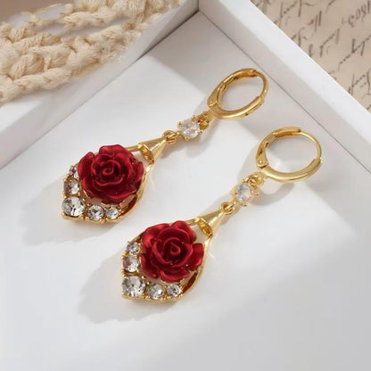 Rose Drop Earrings 14K Gold Plated Sparkling Crystal Tassel Design