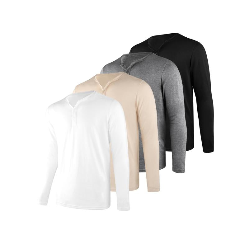 Liloak Men's Long Sleeve Henley T-Shirts 4-Pack, Multi-Color Breathable Tees with 3 Buttons