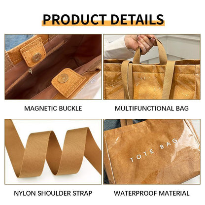 Women's Large Kraft Paper Tote Bag with PVC Letter Print - Clear Top Handle Hobo Handbag