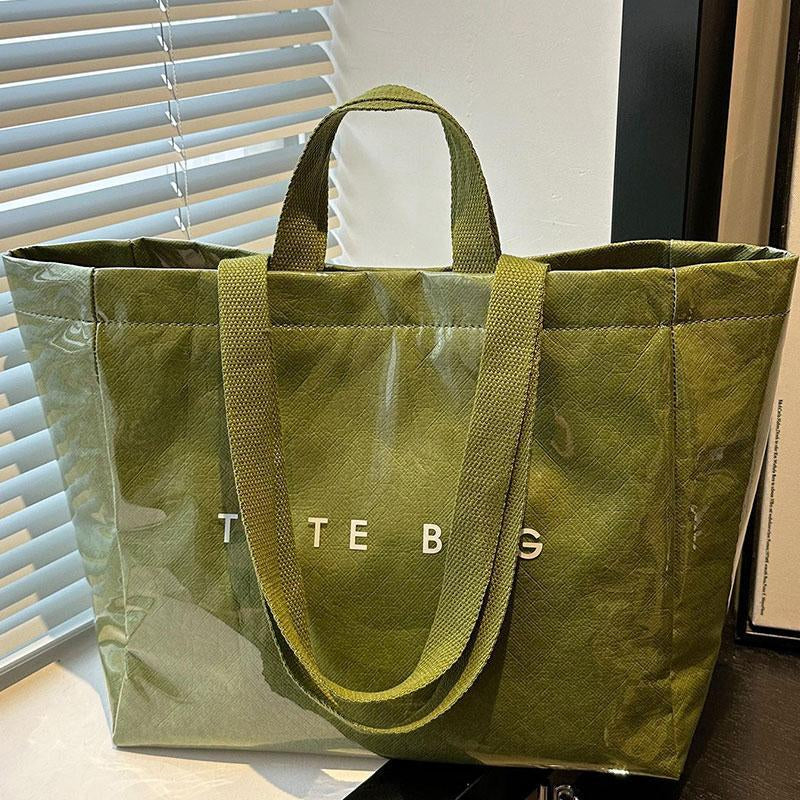 Women's Large Kraft Paper Tote Bag with PVC Letter Print - Clear Top Handle Hobo Handbag