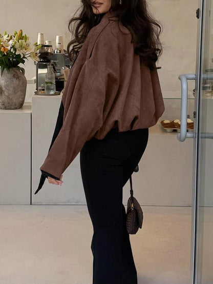 Women'S Faux Suede Bomber Jacket, Casual Oversized Fashion Outerwear, Trendy Street Style Y2K Top, Elegant Design, All Seasons Wearable