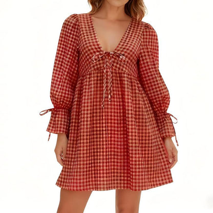 Women's Gingham Puff Sleeve Tie Mini Dress