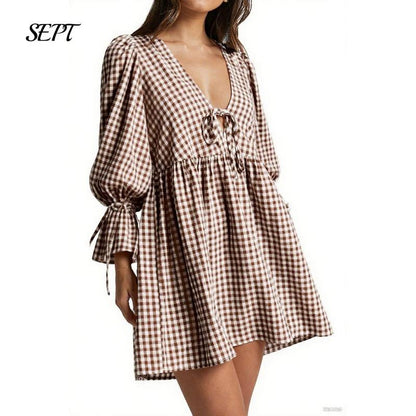 Women's Gingham Puff Sleeve Tie Mini Dress