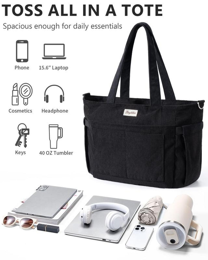 Bagstellar Women's Corduroy Tote Bag - 15.6 Inch Laptop Work Tote with Large Cup Holder, Durable Zipper Casual Purse for School, College, Travel, and Gym