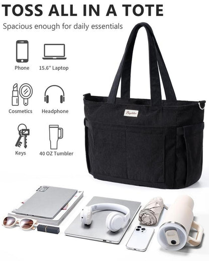 Bagstellar Women's Corduroy Tote Bag - 15.6 Inch Laptop Work Tote with Large Cup Holder, Durable Zipper Casual Purse for School, College, Travel, and Gym