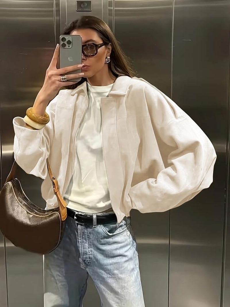 Women'S Faux Suede Bomber Jacket, Casual Oversized Fashion Outerwear, Trendy Street Style Y2K Top, Elegant Design, All Seasons Wearable