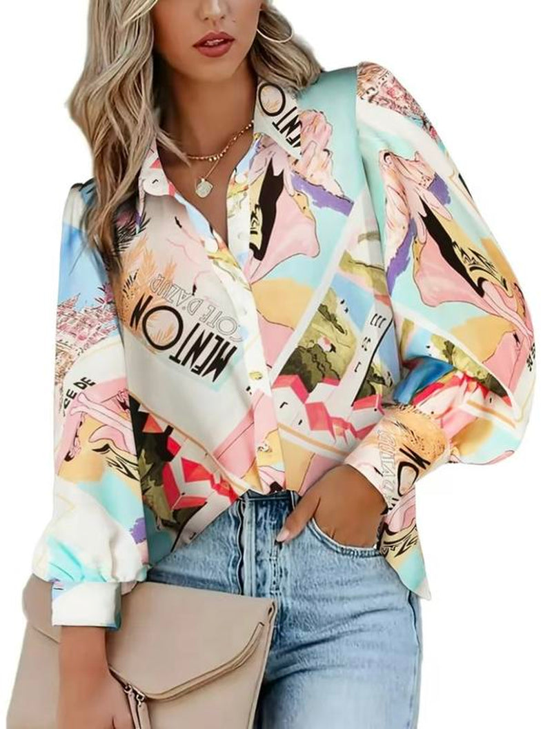 Mecha Shirts Button down Printed Lantern Long Sleeve Blouse Fashion Causal Tops 2025