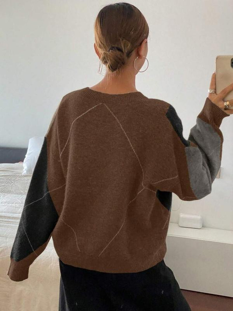 Women'S Plaid V Neck Long Sleeve Pullover Sweater, Autumn/Winter Loose Fit Colorblock Casual Fashion Cozy Cute Sweater Top， Women Fall Sweater, Winter Sweater for Women, Fall Clothes for Women