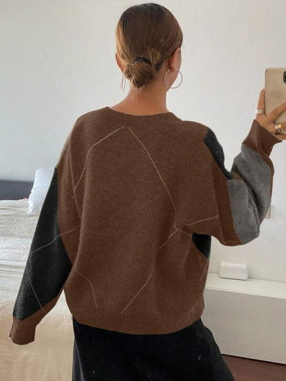 Women'S Plaid V Neck Long Sleeve Pullover Sweater, Autumn/Winter Loose Fit Colorblock Casual Fashion Cozy Cute Sweater Top， Women Fall Sweater, Winter Sweater for Women, Fall Clothes for Women